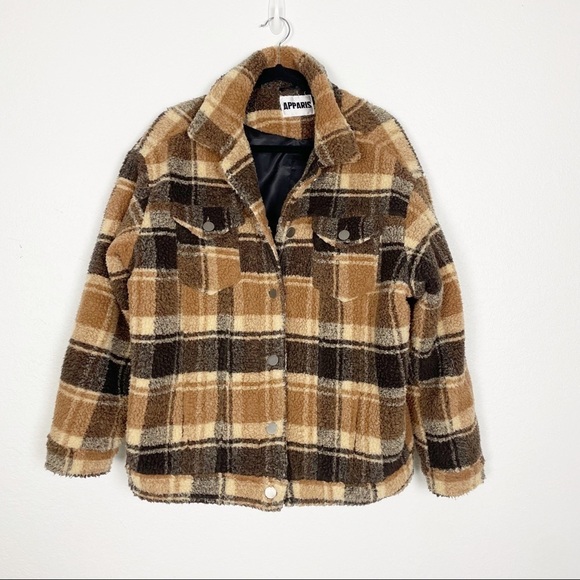 Apparis Kris Teddy Sherpa Plaid Shacket Jacket Brown Tan Revolve Winter Casual - Picture 3 of 7